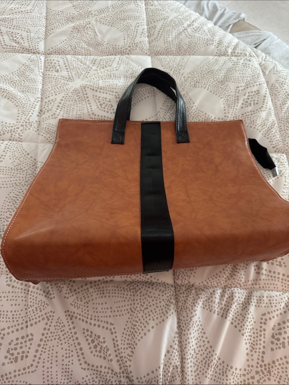 Women’s Tan Leather Tote with Black Accent